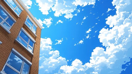 Poster - Pixelated building reflecting the clear sky with puffy clouds of