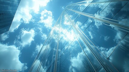Poster - Modern skyscraper reaching towards a bright blue sky with fluffy