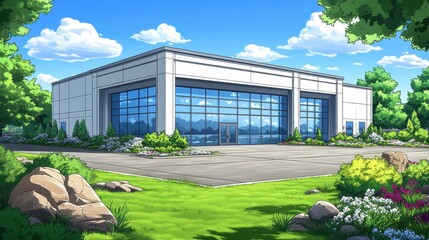 Poster - Scenic architectural rendering featuring a modern building surro