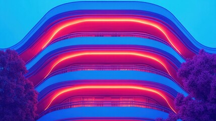 Poster - Futuristic building with vibrant neon lights showcasing modern a