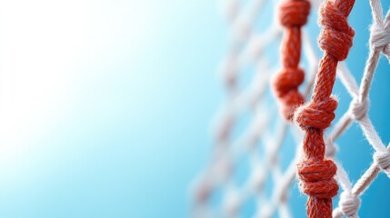 Close up of knotted ropes and net with blue gradient background