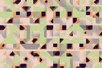 Aufkleber - Abstract geometric pattern with green, orange, and black shapes on speckled beige background, creating modern and dynamic visual effect