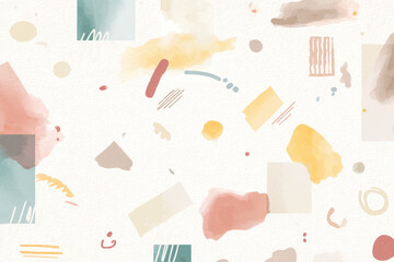 Aufkleber - Seamless pattern with subtle vintage feel features watercolor doodles in soft pastel colors, including pink, yellow, and teal, creating cute and artistic design