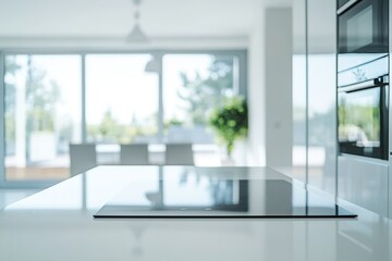 Poster - Sleek minimalist kitchen with reflective surfaces, modern stovetop, and natural light creating a bright and airy atmosphere.