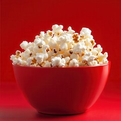 Poster - A red bowl filled with delicious fluffy popcorn, illuminated against a solid red backdrop. Perfect for movie night!