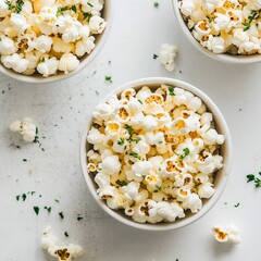 Poster - Aerial view of popcorn in white bowls, scattered with herbs on a clean white surface. Cozy snack idea!