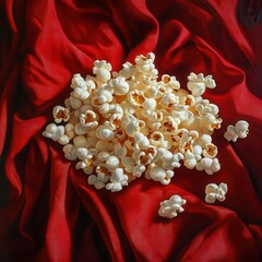 Poster - Pile of freshly popped corn kernels sitting on a background of dramatic, vibrant red fabric with silky folds and rich textures.