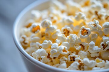 Poster - Close-up of freshly popped popcorn in a white bowl, ready to be enjoyed during a movie night or as a snack.