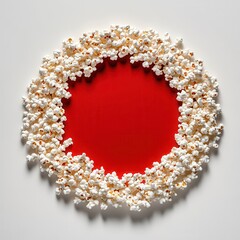 Poster - Ring of Popcorn: A circular arrangement of fluffy, buttered popcorn frames a vibrant red center, creating a snack-inspired design.