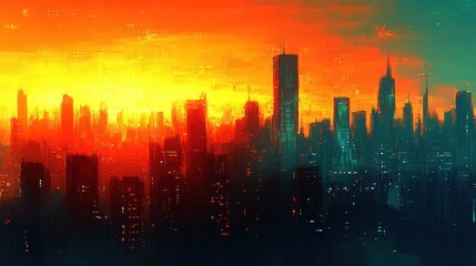 Poster - Urban twilight painted canvas skyline cityscape with brilliant s