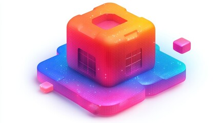 Poster - Colorful Pixelated Cube Structure Digital Art Aesthetic Futurist