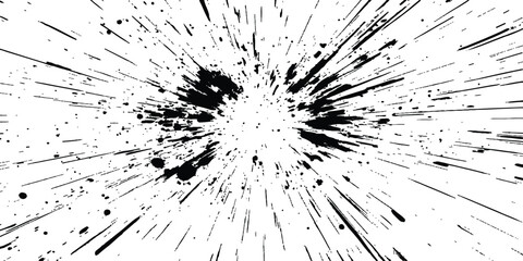 Poster - Abstract explosion, radial burst of ink splatter effect. Black ink splatter creates abstract background with dynamic energy. Dynamic charcoal burst explosion, isolated on transparent background. 