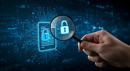 Poster - Hand Holding Magnifying Glass Inspecting Digital Document with Padlock on Blue Technological Background for Data Protection