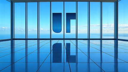 Poster - Modern office windows reveal scenic sky with minimalist decor an