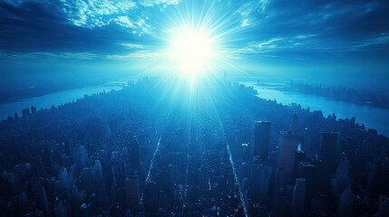 Poster - Futuristic cityscape at night bathed in ethereal blue light and 