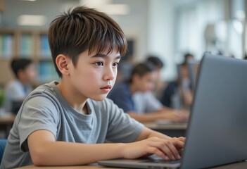 Young boy focused on computer screen. Using laptop in school.