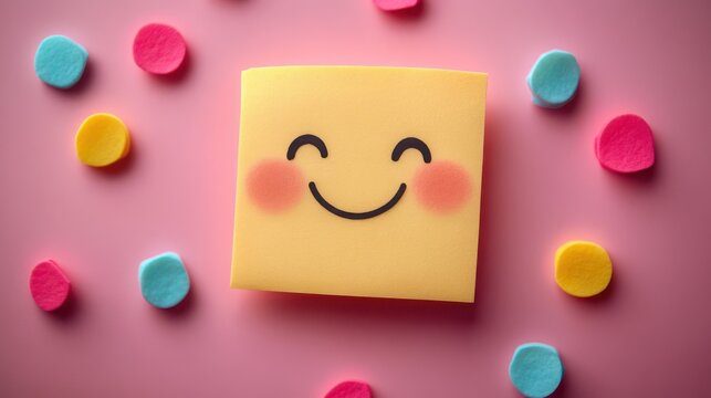 Sticky-note emoji with blushing cheeks, tilted playfully with soft shadow, cute and friendly expression --no text,letters,logo