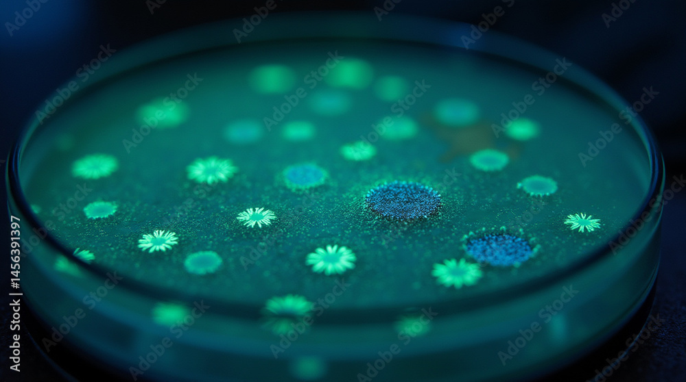 Microphotography close-up of bioluminescent bacteria colonies growing ...