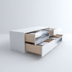 Poster - Modern minimalist furniture with white and wood design featuring unique drawer graphics showcasing beach and ocean landscape for contemporary interiors