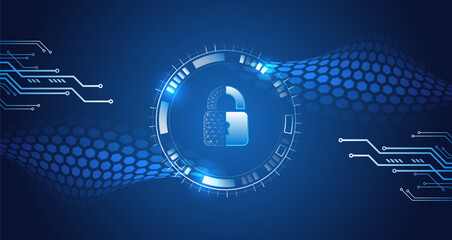 Fototapete - Abstract cybersecurity concept with glowing padlock icon, digital circuit lines and hexagonal wave background. Illustration of data protection, system breach, or network vulnerability.