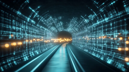 Poster - Virtual reality experience journey digital tunnel 3d animation futuristic environment aerial view technology concept