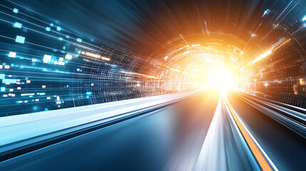 Fototapete - Accelerating digital future high-speed data tunnel virtual environment abstract concept dynamic perspective