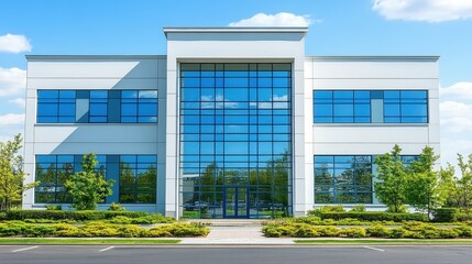 Poster - Modern corporate facade gleaming under bright sky showcasing sus