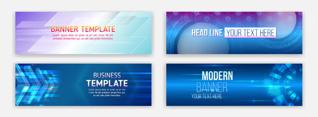 Fototapete - A set of modern digital banner templates featuring abstract geometric shapes, futuristic elements, arrows and hexagon patterns. Suitable for presentations, technology, innovation and IT.