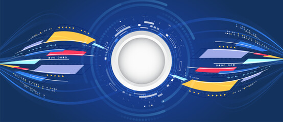 Aufkleber - Abstraction of data transfer, network connection and advanced digital technologies. Technological background with dynamic smooth lines, colorful geometric shapes and arrows in different directions.