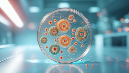Poster - Close-up view of petri dish with colorful bacteria or fungi colonies growing on agar gel.  The background is a blurred laboratory setting.