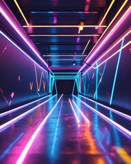 Aufkleber - futuristic neon tunnel showcasing an illuminated pathway with glowing lights reflecting on the floor