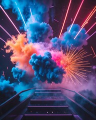 Poster - A vibrant, colorful explosion of smoke and lights over a staircase, creating a surreal and energetic atmosphere.