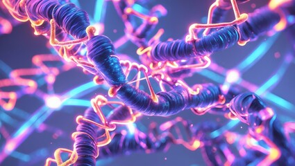 Poster - An abstract, artistic rendering of DNA structure, showcasing genetic complexity. The image features a vivid display of intertwined strands, and complex structure that represent life's building blocks