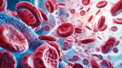 Poster - a detailed microscopic view of red blood cells, showcasing their form and function, against a vibrant and dynamic backdrop