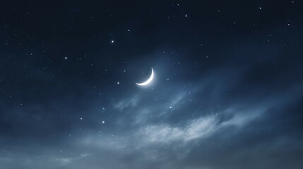 Wall Mural - Crescent moon shines in a dark blue night sky with scattered stars.
