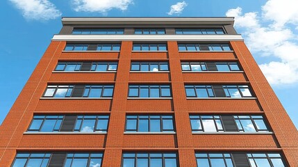 Poster - Modern Brick Facade Urban Building under Blue Sky Worm's-Eye Vie