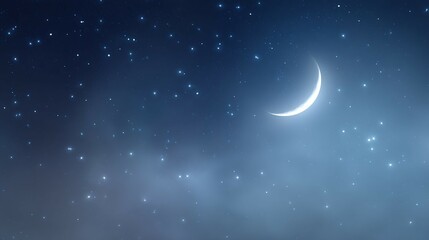 Wall Mural - Crescent moon shines brightly in a dark blue starry night sky.
