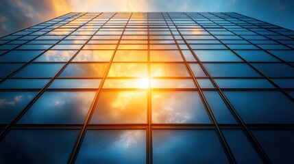 Poster - Modern building reflecting sunrise abstract facade with futurist