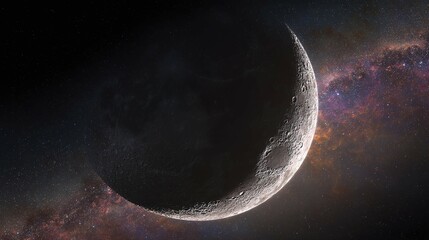 Wall Mural - Crescent moon in dark sky with stars and galaxy background.