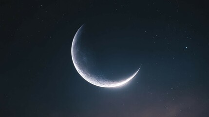 Wall Mural - Crescent moon shines brightly in a dark night sky with faint stars.