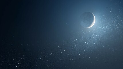 Wall Mural - Crescent moon in dark blue night sky with stars and light beams.
