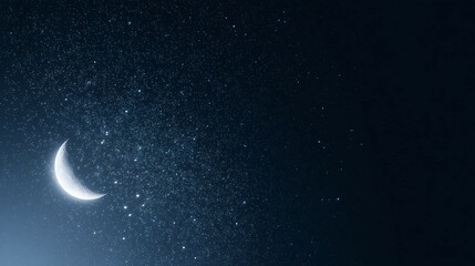 Wall Mural - Crescent moon shines in a dark blue night sky with many stars.