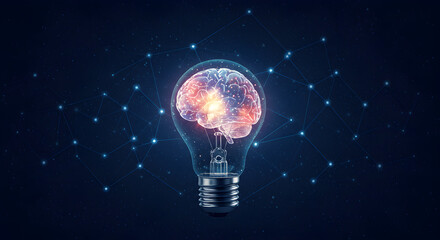 Poster - Glowing Brain Inside Lightbulb with Dark Blue Digital Background Network and Sparkle Effects Illustrating Artificial Intelligence and Innovation