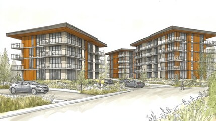 Poster - Watercolor style rendering of contemporary apartment buildings w