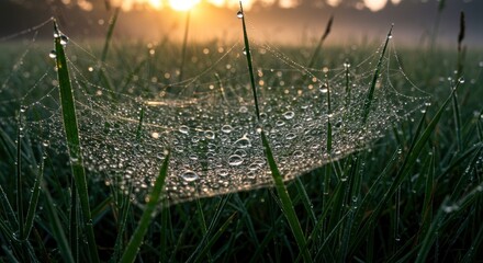 Dew-covered spiderweb in grass, photo