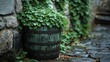 © Linus - A rustic wooden barrel overflowing with vibrant green foliage next to an aged stone wall.