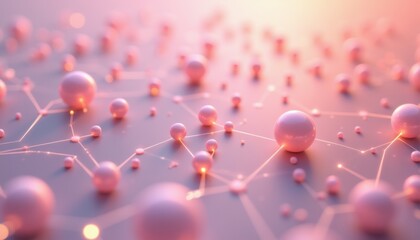 Poster - Abstract pink spheres connected by glowing lines, representing a futuristic network or molecular structure in a soft, luminous setting.