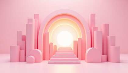 Poster - A pastel pink abstract scene with geometric shapes, stairs, and an illuminated arch, creating a dreamy, modern atmosphere.