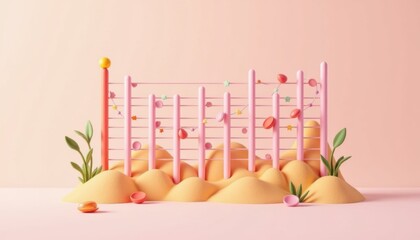 Poster - Whimsical pastel scene with pink poles, playful shapes, yellow sand mounds, and green plants on a soft peach background.