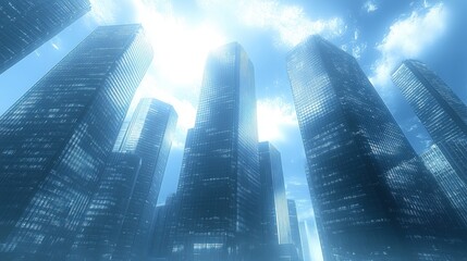 Poster - Azure Skyscrapers Glimmering Skyline Under a Bright Sky Futurist